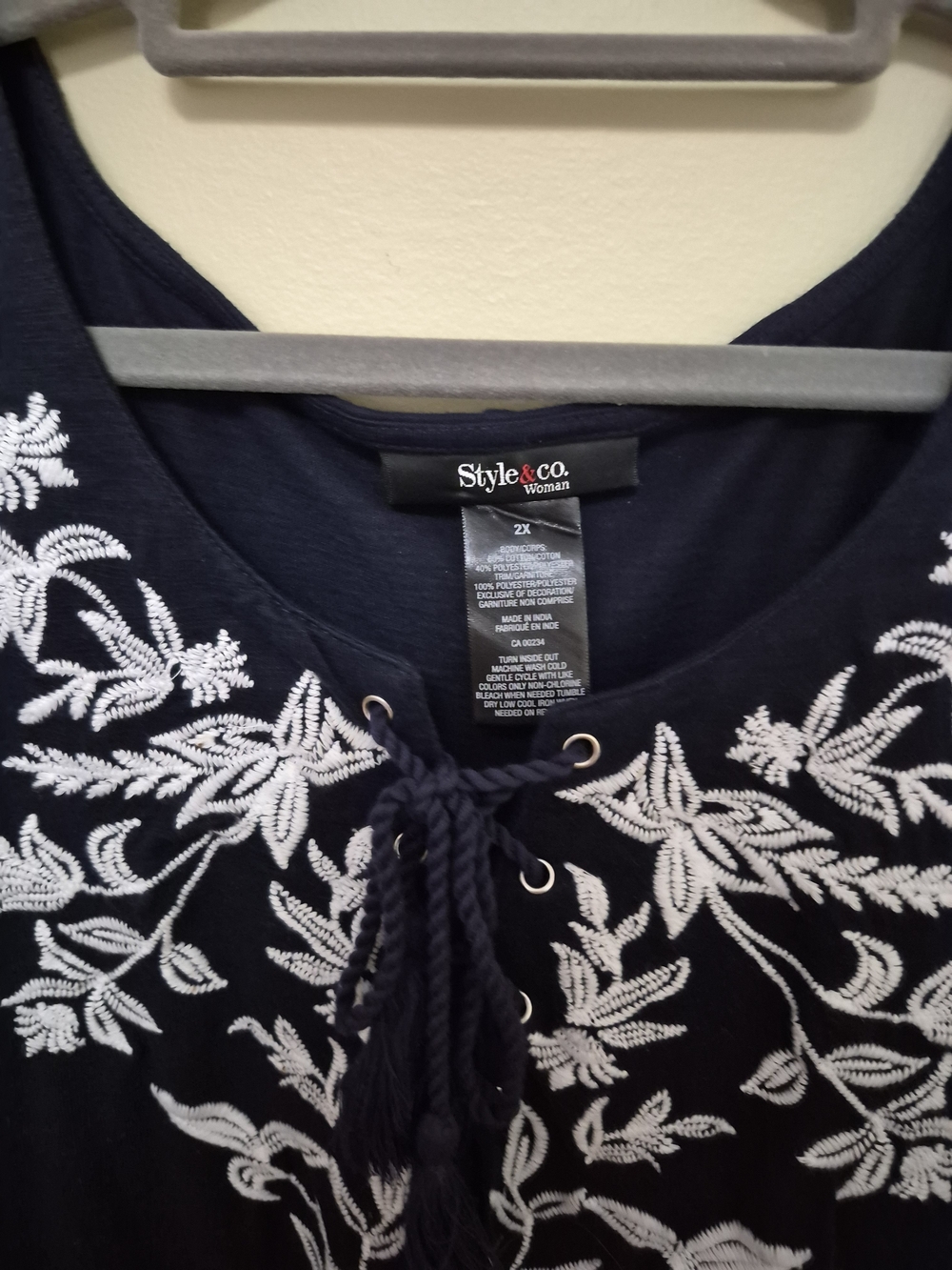 Style & Co. Navy Lace-Up Tunic with White Floral Embroidery